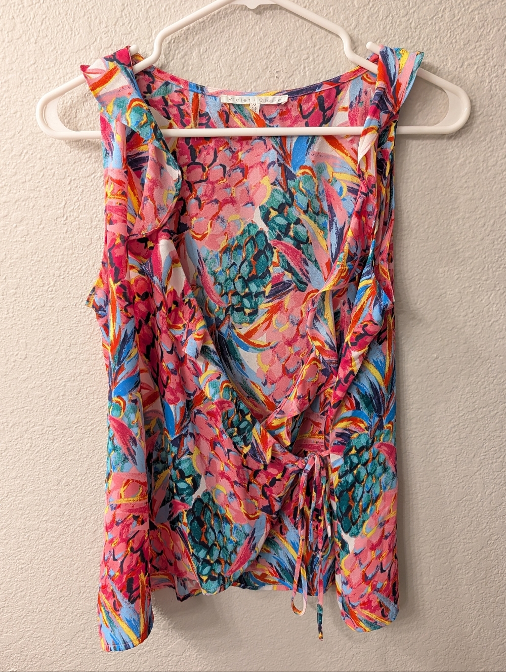 Violet & Claire Colorful Abstract Pineapple Wrap Sleeveless Blouse